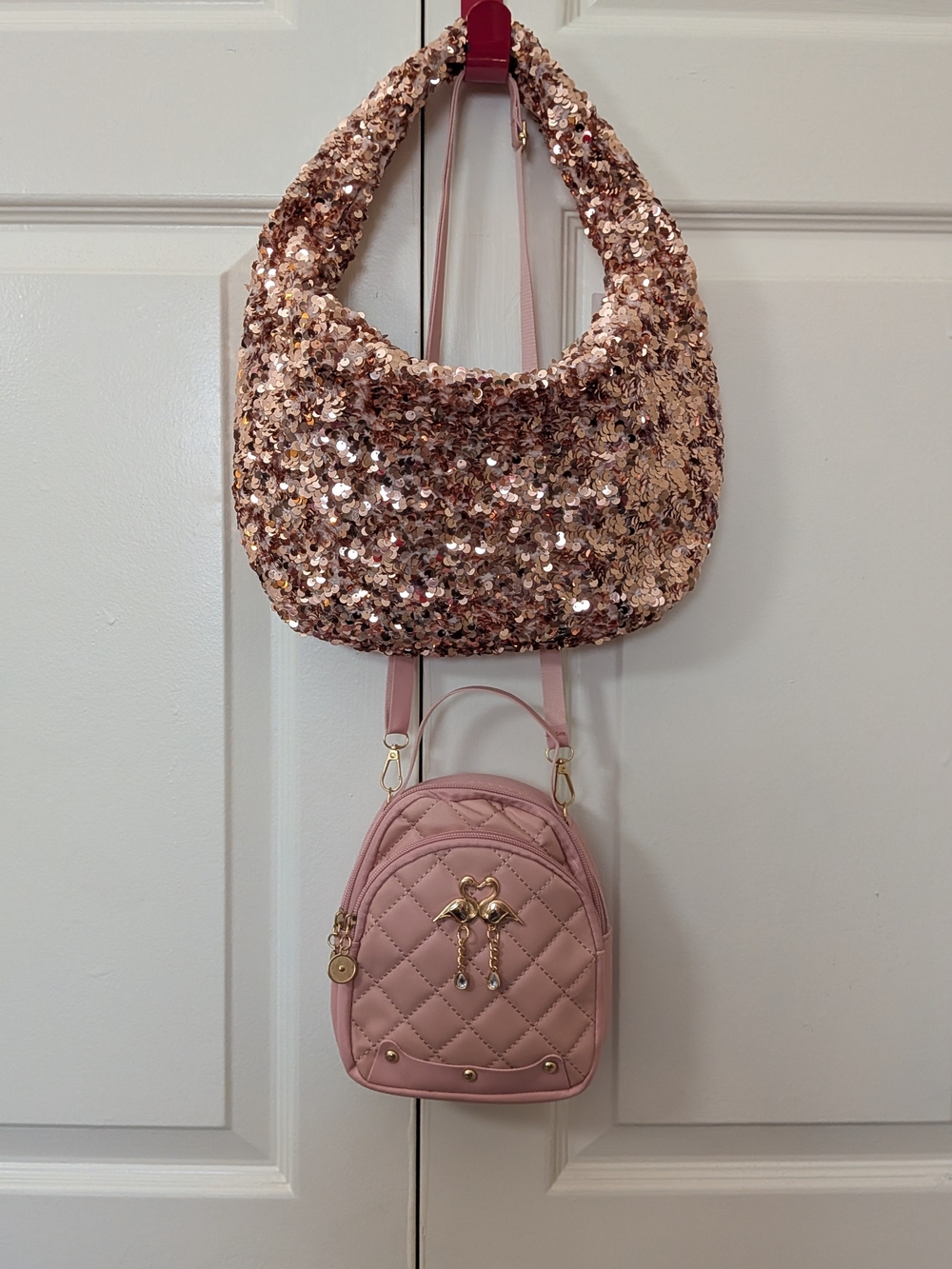 Sequined Rose Gold Shoulder Bag & Pink Quilted Mini Backpack Set